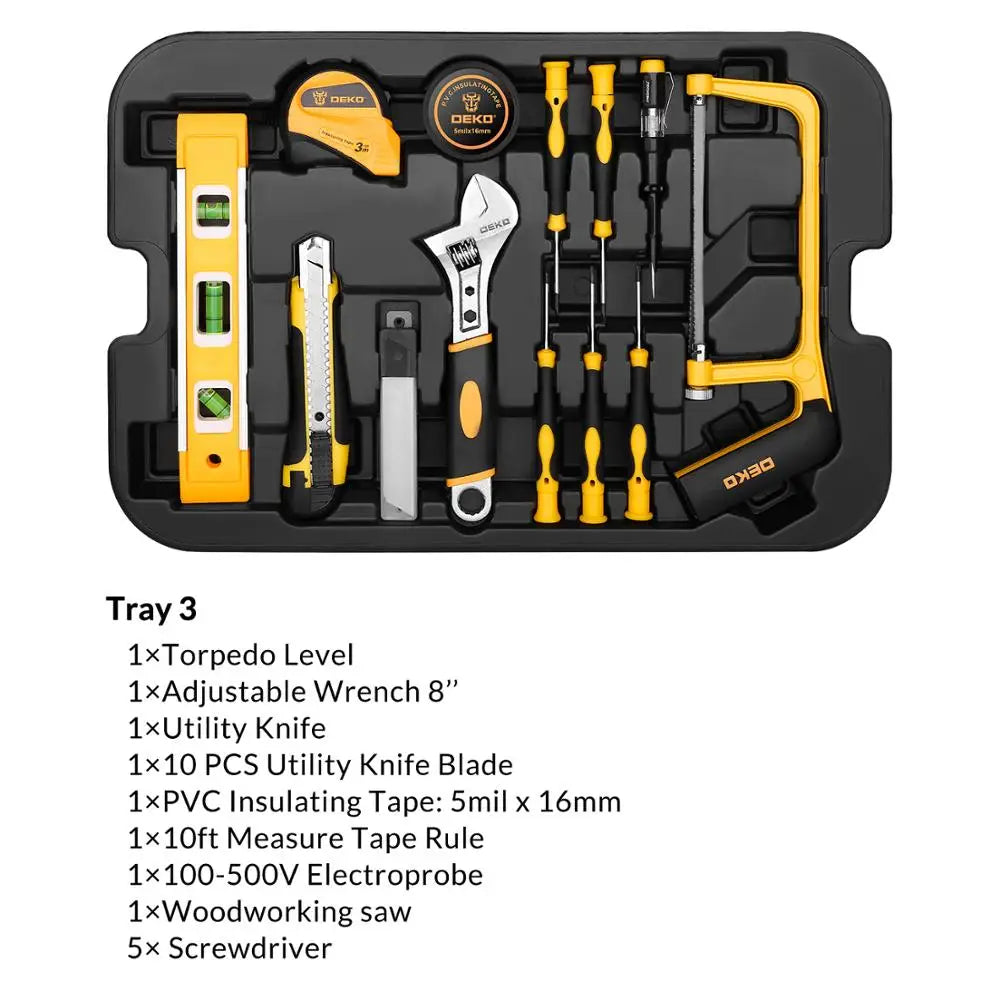 DEKO General Household Hand Tool Kit: Complete Set with Hammer, Wrenches, Sockets, and Screwdrivers in Storage Case