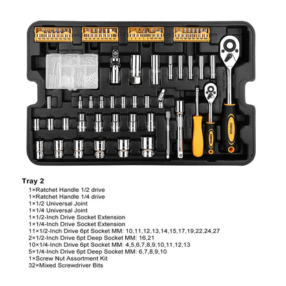 DEKO Kit de herramientas manuales para el hogar general: juego completo con martillo, llaves, vasos y destornilladores en estuche de almacenamiento