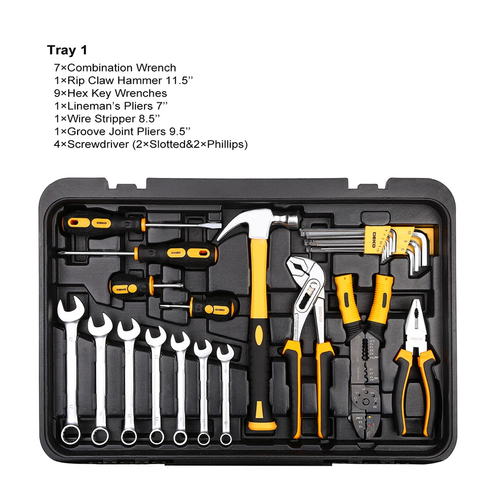 DEKO Kit de herramientas manuales para el hogar general: juego completo con martillo, llaves, vasos y destornilladores en estuche de almacenamiento