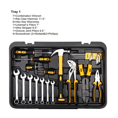 DEKO Kit de herramientas manuales para el hogar general: juego completo con martillo, llaves, vasos y destornilladores en estuche de almacenamiento